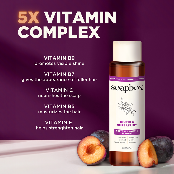 Soapbox Biotin and Superfruit Restore & Volumize Shampoo is set against a purple backdrop, accompanied by two plums. The text showcases a 5X Vitamin Complex, emphasizing the benefits of vitamins B9, B7, C, B5, and E.