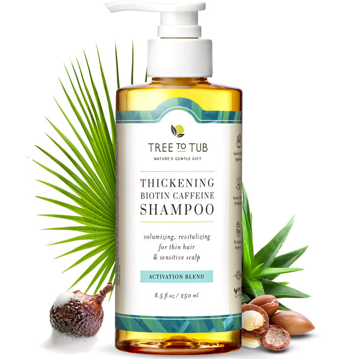 The Tree To Tub Biotin & Caffeine Volumizing Shampoo for Sensitive Scalp comes in an 8.5 fl oz (250 ml) bottle with a pump top and is designed to volumize thin hair. Its marketed for hair loss prevention and features natural ingredients like aloe vera, nuts, and leaves.