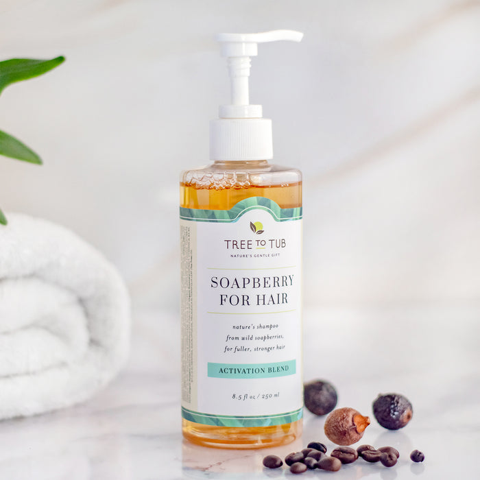 On a marble surface sits a bottle of Tree To Tub’s Biotin & Caffeine Volumizing Shampoo for Sensitive Scalp, labeled Activation Blend with natural ingredients. Nearby are scattered soapberries and coffee beans, enhanced by a touch of greenery.