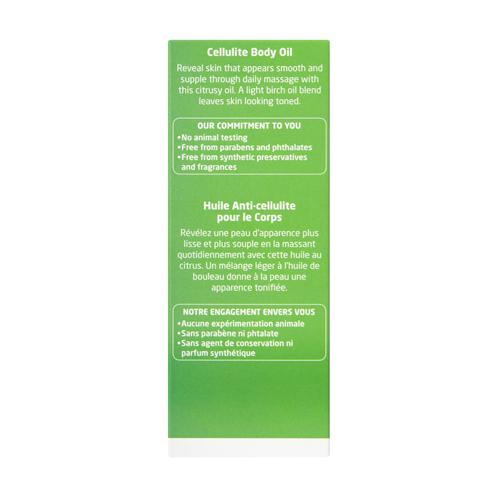 A green box side describes Weledas Birch Cellulite Body Oil for smoother skin, using citrus and jojoba oils. Emphasizes no animal testing, free from parabens and preservatives, with no synthetic fragrances. Text is in English and French. Ideal for effective cellulite reduction.