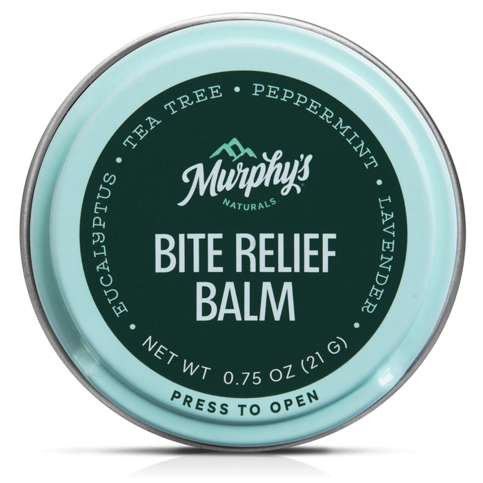 A 0.75 oz (21 g) tin of Murphys Naturals Bite Relief Balm with a light green label lists Eucalyptus, Tea Tree, Peppermint, and Lavender—ideal for home pest control routines.