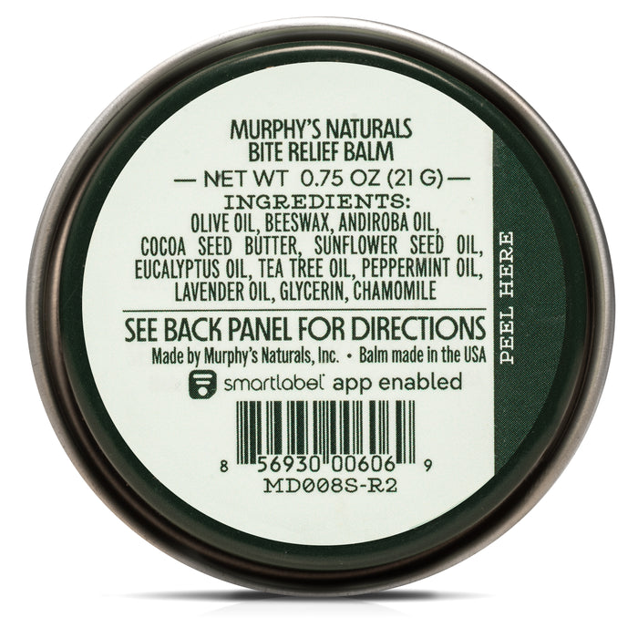 The round tin labeled Bite Relief Balm Tin by Murphys Naturals contains olive oil, beeswax, cocoa seed butter, and essential oils. Its ideal for home pest control needs. The barcode and QR code are visible, with instructions provided on the back panel.