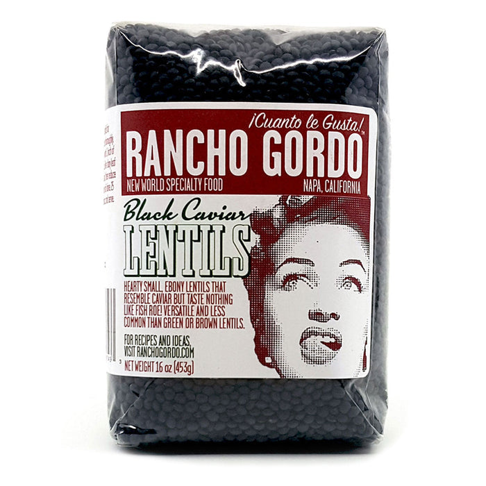 Rancho gordo heirloom beans, black caviar lentils. Hearty, small ebony lentils that resemble caviar but have a unique lentil taste and texture. The skins almost melt away.