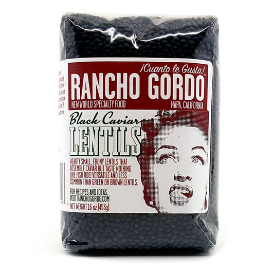 Rancho gordo heirloom beans, black caviar lentils. Hearty, small ebony lentils that resemble caviar but have a unique lentil taste and texture. The skins almost melt away.