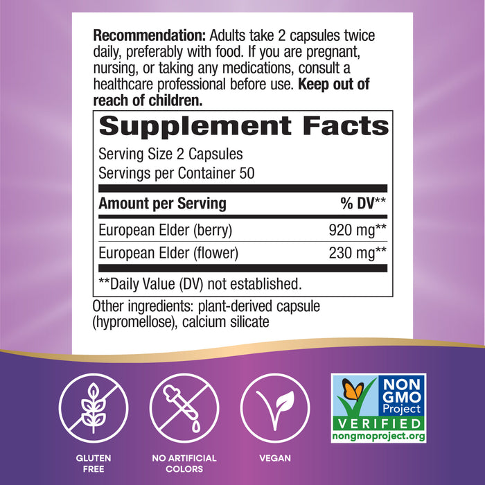 Nature’s Way Black Elderberry – For Traditional Immune Support. Label includes dosage, supplement facts, and ingredients. Icons: immune support, gluten free, vegan, no artificial colors, Non-GMO Project Verified.