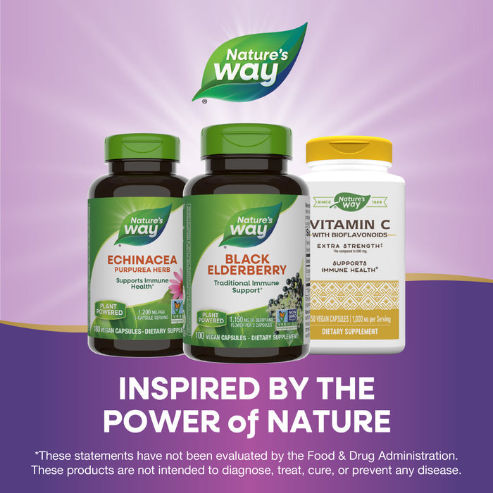 Nature’s Way Black Elderberry—For Traditional Immune Support—is shown on a purple background with the text “INSPIRED BY THE POWER OF NATURE,” emphasizing immune support from elderberry supplement blends.