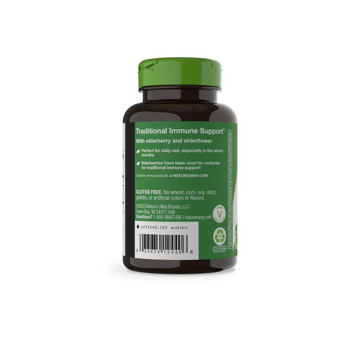 A dark bottle with a green cap labeled Natures Way Black Elderberry - For Traditional Immune Support, featuring elderberry, elderflower, gluten-free status, and manufacturer details.