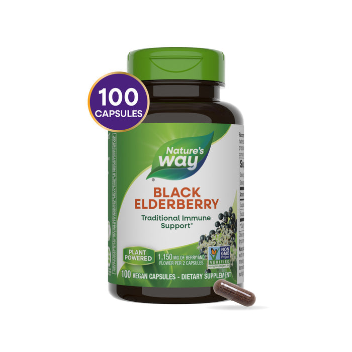 A bottle of Nature’s Way Black Elderberry - For Traditional Immune Support with a green lid, showing 100 capsules and 1,150 mg berry per serving for immune support on the label. A single capsule is placed in front.