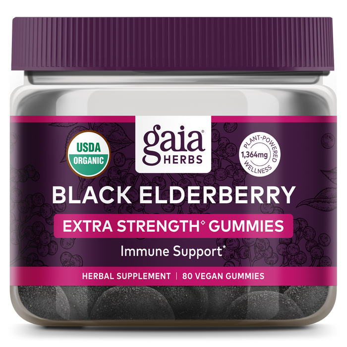 Gaia Herbs Black Elderberry Extra Strength Gummies, ideal for immune support, are USDA Organic and vegan certified. Each vibrant purple jar contains 80 tasty gummies with elderberries in the design, showcasing premium organic supplements.