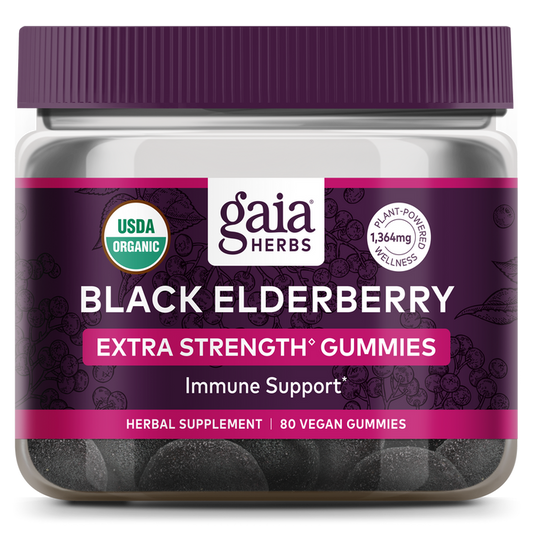 Gaia Herbs Black Elderberry Extra Strength Gummies, ideal for immune support, are USDA Organic and vegan certified. Each vibrant purple jar contains 80 tasty gummies with elderberries in the design, showcasing premium organic supplements.