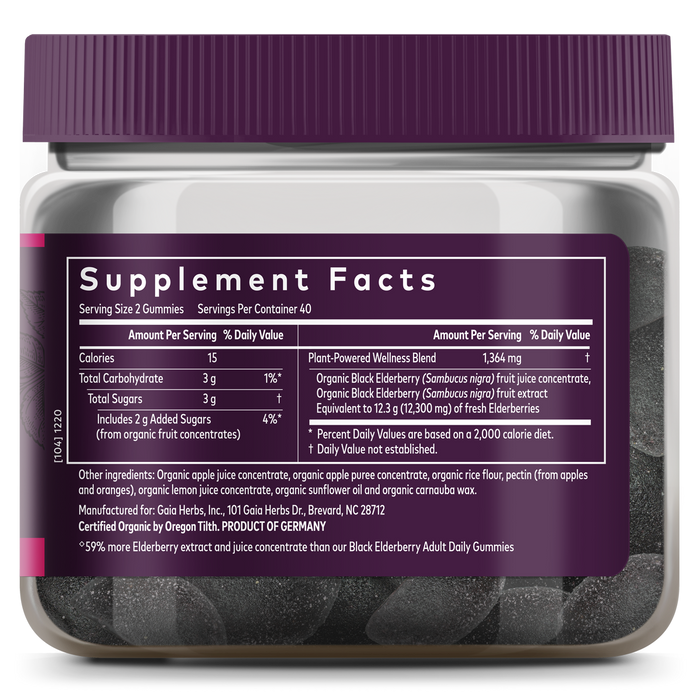 Gaia Herbs Black Elderberry Extra Strength Gummies come in a jar with a purple label detailing immune support, calories, carbs, sugars, and a Plant-Powered Wellness Blend. Dark elderberry gummies are visible through the transparent packaging, serving as organic supplements for your health journey.
