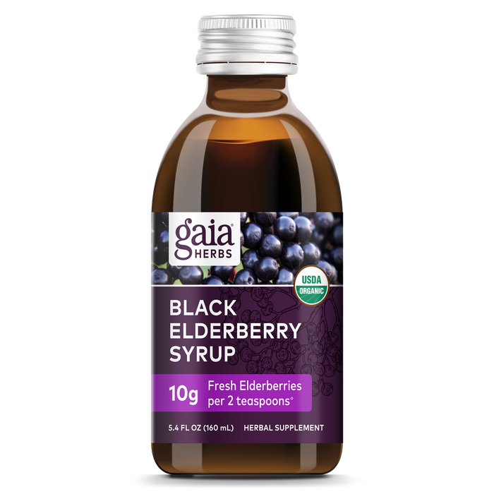 A bottle of Gaia Herbs Black Elderberry Syrup, a herbal supplement, features 10g of organic Black Elderberries per 2 tsp for immune support. It holds a USDA organic certification and comes in a 5.4 fl oz (160 ml) size.