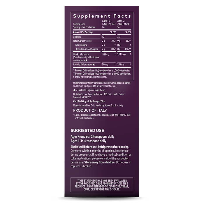 The image shows a dark purple label of Gaia Herbs Black Elderberry Syrup. It includes nutritional facts, suggested use, and ingredients like natural flavors and organic Black Elderberries for immune support. Made in Italy with organic cane sugar, its crafted with care.