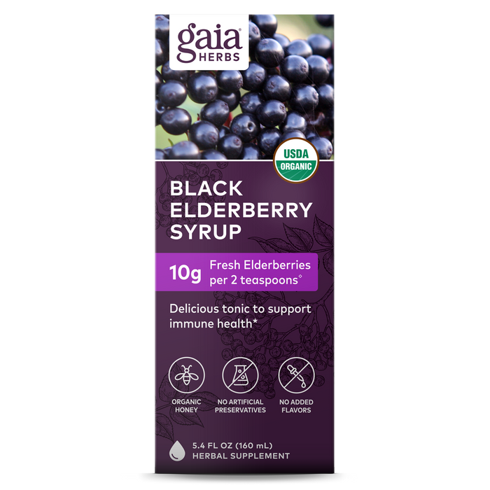 The Gaia Herbs Black Elderberry Syrup bottle features elderberries and is labeled USDA Organic, containing 10g of fresh elderberries per two teaspoons, organic honey, and no artificial preservatives. Ideal for immune support with pure organic ingredients.