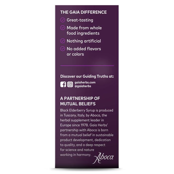 A vertical purple sign titled The Gaia Difference promotes benefits: great taste and whole food ingredients without anything artificial. It includes Black Elderberry Syrup for immune support, mentions Gaia Herbs partnership with Aboca, and provides website, social media info, and their logo.