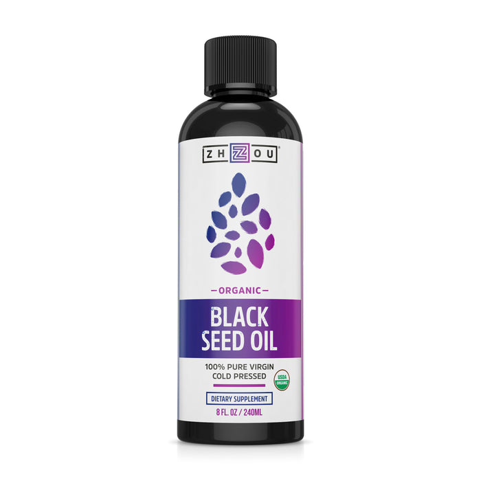 A 100% pure, virgin, cold-pressed Black Seed Oil by Zhou Nutrition, rich in antioxidants and omega 3-6-9. The 8 fl oz (240 ml) bottle has a black cap and a gradient purple and white label with dietary supplement info.