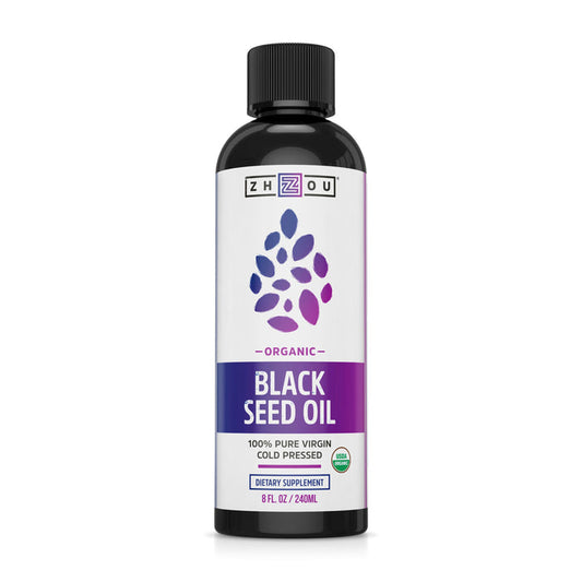 A 100% pure, virgin, cold-pressed Black Seed Oil by Zhou Nutrition, rich in antioxidants and omega 3-6-9. The 8 fl oz (240 ml) bottle has a black cap and a gradient purple and white label with dietary supplement info.