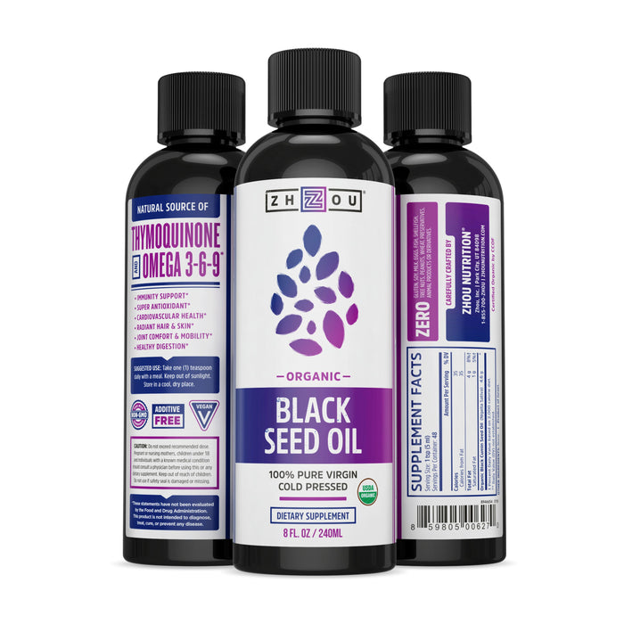 Three bottles of Zhou Nutritions Black Seed Oil offer immune support and benefit heart health, rich in antioxidants. The front label highlights the brand and product name, while side labels provide omega 3-6-9 content, nutrient info, and ingredients.