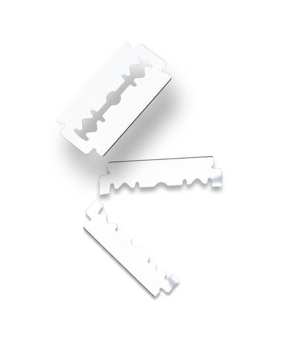 Three shiny, double-edged stainless steel blades from Leaf Shave Blade Refills are randomly arranged against a black background.