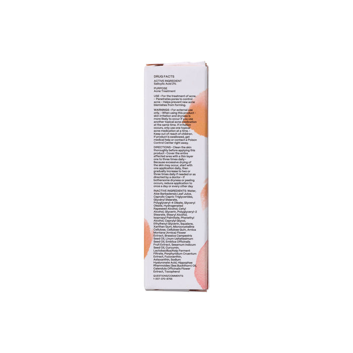 The side view of the Mad Hippie Blemish Cream box showcases drug facts and spot treatment directions. The packaging is set against a white background with vibrant orange and pink abstract shapes.