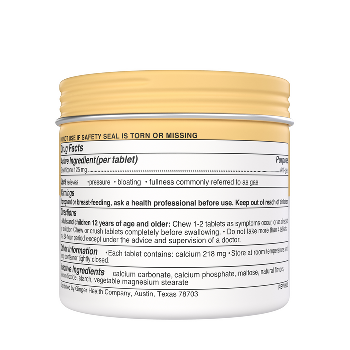 A circular white container with a yellow lid labeled with drug facts and dosage for Wonderbellys Bloat + Gas antacid. It contains calcium carbonate, targeting acid indigestion, heartburn, and gas relief for optimal comfort.