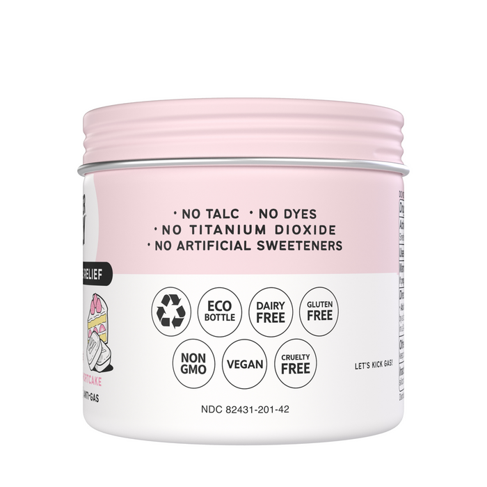 The pink and white Bloat + Gas container from Wonderbelly is a multipurpose cream free of talc, dyes, titanium dioxide, and artificial sweeteners. Its eco-friendly, dairy-free, gluten-free, non-GMO, vegan, and cruelty-free—ideal for those seeking uncompromised bloat relief.
