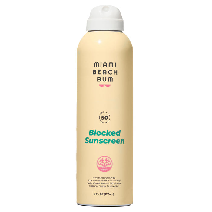 Miami Beach Bums Blocked BOV Spray provides broad spectrum SPF 50 protection. The beige cylinder is reef-friendly, fragrance-free, and contains 6 fl oz (177 ml).
