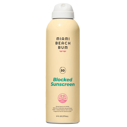 Miami Beach Bums Blocked BOV Spray provides broad spectrum SPF 50 protection. The beige cylinder is reef-friendly, fragrance-free, and contains 6 fl oz (177 ml).
