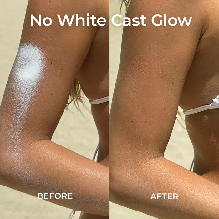 Side-by-side close-up of an arm in a swimsuit. Left: white patch from Blocked Mineral Sunscreen Spray - SPF 50 by Miami Beach Bum labeled Before. Right: even skin tone labeled After. Top text reads, No White Cast Glow.