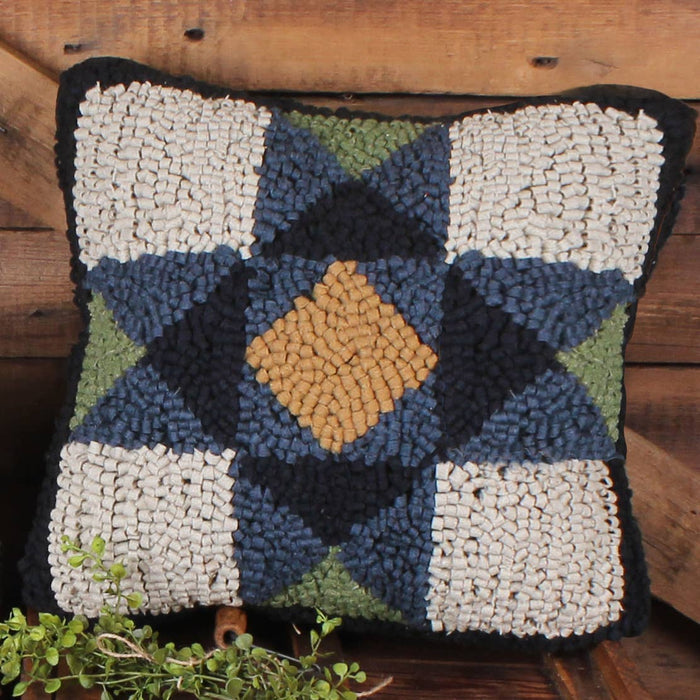 Blue Quilt Square Wool Hooked Pillow 14 In PL220127 - Interiors by Elizabeth