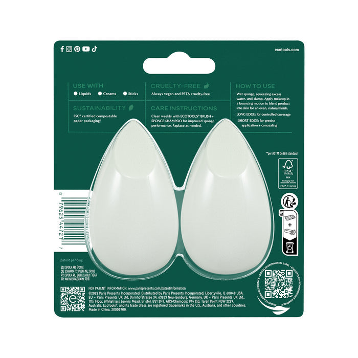 The EcoTools Blurring Blender Duo packaging displays two white, cruelty-free sponges and includes sustainability details, usage instructions, and social media icons. The green package with white text emphasizes its vegan credentials among various symbols.