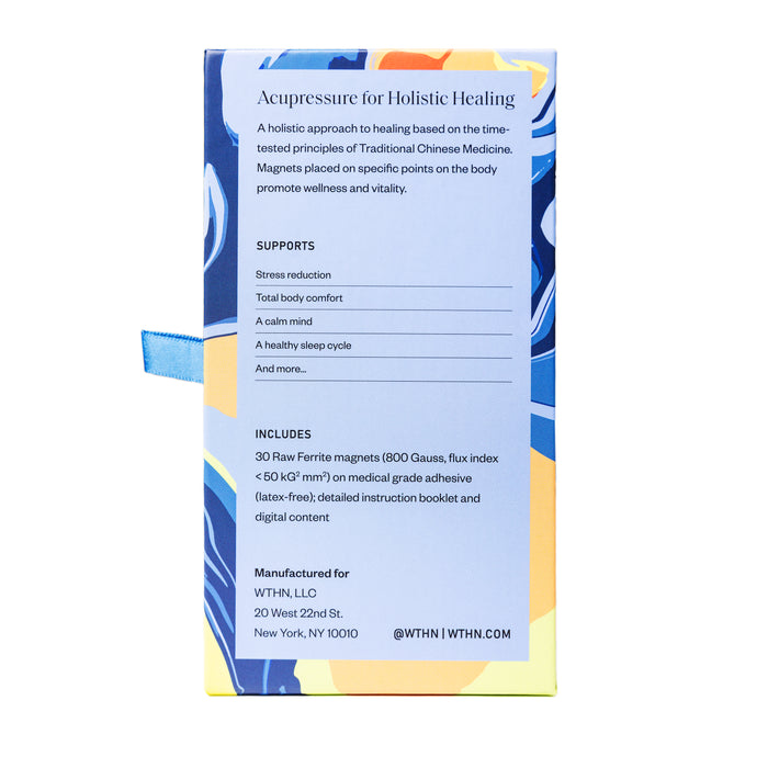 WTHNs Body Balance Magnets come in packaging with a blue and yellow abstract design, highlighting benefits like stress reduction and calm. Includes 30 magnets, a booklet, and a carrying pouch for your wellness journey. Manufacturer details are at the bottom.