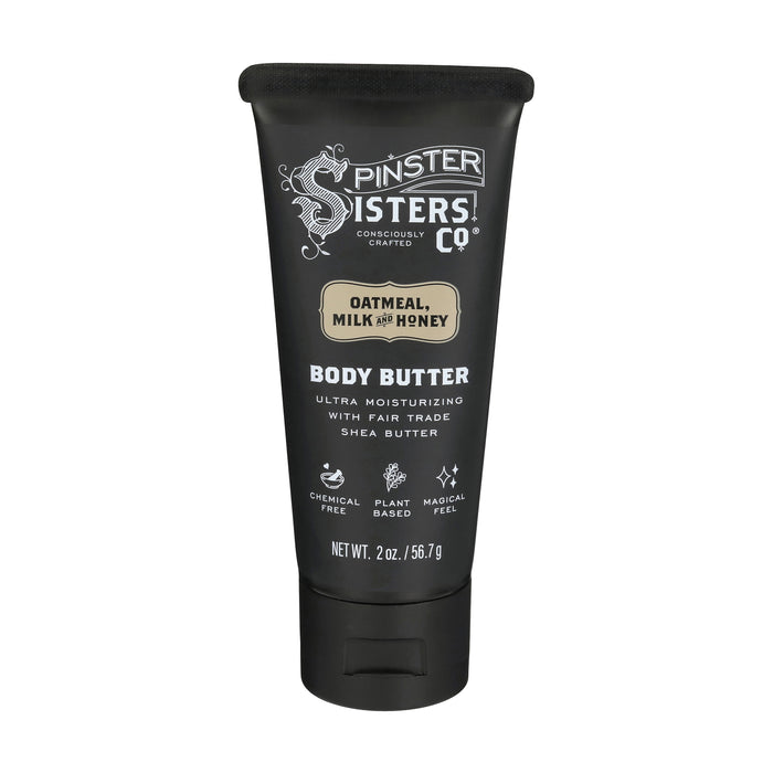 A 2 oz black tube of Spinster Sisters Co. Body Butter in Oatmeal, Milk, and Honey is lavender-infused and features descriptions such as Consciously Crafted, Ultra Moisturizing with Fair Trade Shea Butter, Chemical Free, and Plant Based.