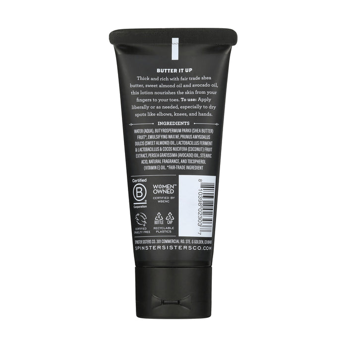 A tube of Body Butter by Spinster Sisters Co. features a black cap, text about its shea butter ingredients, nourishing properties, a certification mark, Women Owned label, and barcode on the back.