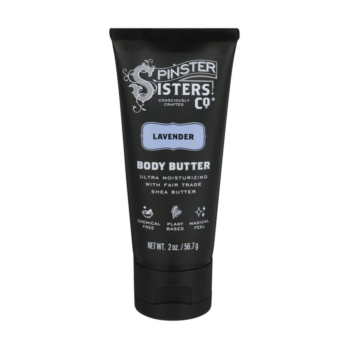 Spinster Sisters Co.s Body Butter in black tube offers ultra-moisturizing, fair trade shea butter, and lavender essential oil for a magical feel. This 2 oz product is plant-based and free from chemicals.