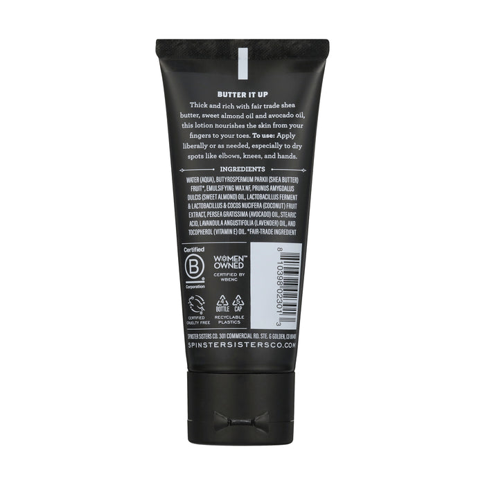 A sleek black tube of Spinster Sisters Co.s Body Butter features a rich blend with lavender essential oil and shea butter, plus Certified B Corporation and Women Owned logos. The text lists ingredients, usage instructions, and a barcode near the bottom.
