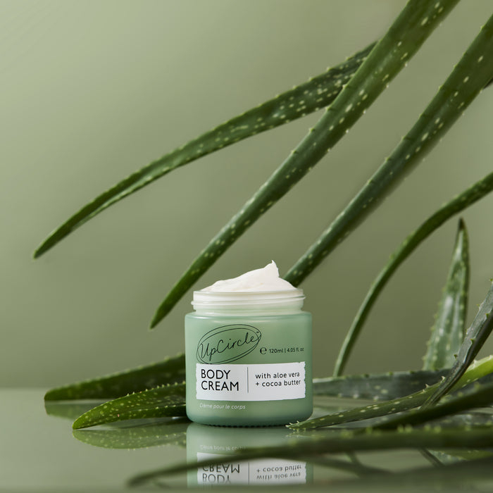 An open jar of UpCircles Body Cream with Aloe Vera + Cocoa Butter is showcased, revealing its rich contents. Surrounded by aloe vera leaves, the scenes green background enhances its natural aesthetic.