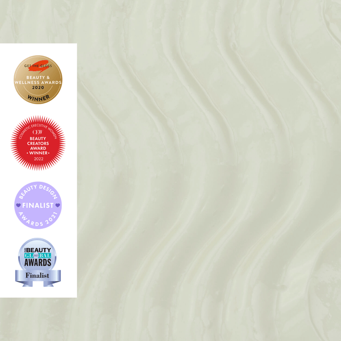 Textured white background with four award badges on the left: Gold Winner Beauty &amp; Wellness 2020, Gold Winner Beauty Awards 2022, Finalist Beauty Design Awards 2021, Finalist Beauty Awards.