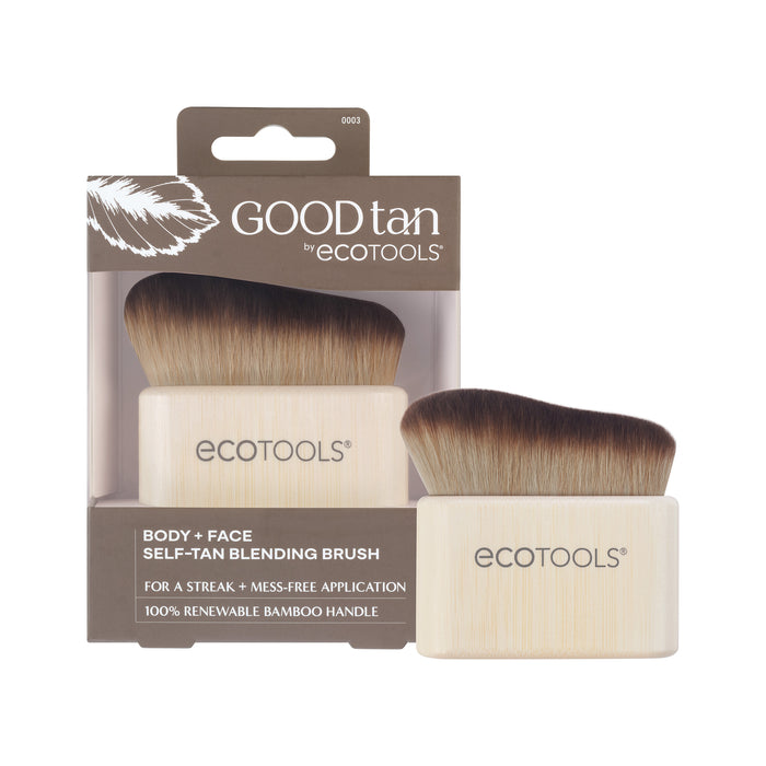 The EcoTools Body + Face Self-Tan Blending brush features a bamboo handle and is cruelty-free and vegan, designed for streak-free self-tanner application on the body and face, ensuring a flawless, mess-free finish.