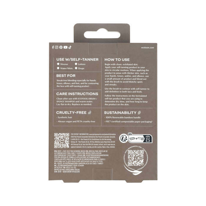 The image shows the back of EcoTools Body + Face Self-Tan Blending package, detailing streak-free self-tanner instructions, care tips, and sustainability info. The brown packaging with white text has icons and graphics highlighting its cruelty-free and vegan features.