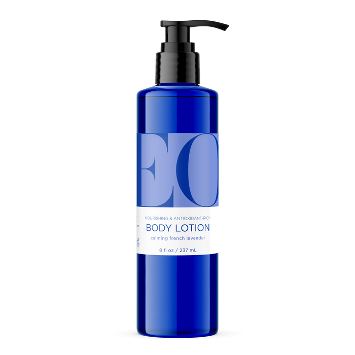 The blue EO Products Body Lotion in an 8 fl oz pump bottle features a label with EO and offers nourishing, antioxidant-rich care. Infused with jojoba oil, the calming French lavender formula promises enhanced hydration and soothing benefits.