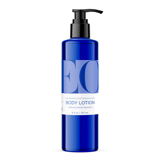 The blue EO Products Body Lotion in an 8 fl oz pump bottle features a label with EO and offers nourishing, antioxidant-rich care. Infused with jojoba oil, the calming French lavender formula promises enhanced hydration and soothing benefits.