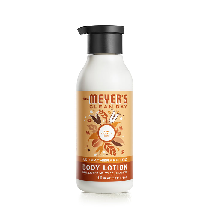 Mrs. Meyers Body Lotion in Oat Blossom comes in a 16 fl oz bottle featuring an orange label with floral graphics. This naturally derived formula boasts aromatherapeutic, phthalate-free properties and provides long-lasting moisture thanks to shea butter.
