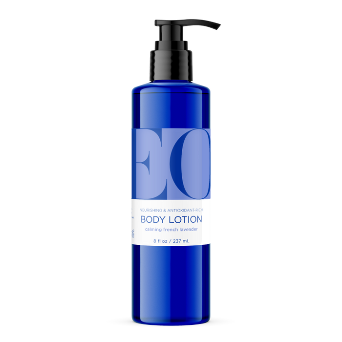EO Products Body Lotion, an 8 fl oz blue bottle with a pump dispenser, offers Nourishing & Antioxidant Rich benefits with soothing French Lavender and jojoba oil for a luxurious skincare experience.