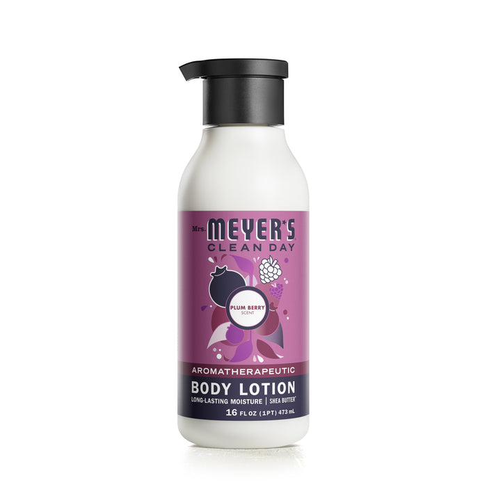 Mrs. Meyers Body Lotion provides a naturally derived, aromatherapeutic experience with its garden-inspired plum berry scent. The 16 fl oz bottle has a purple label with plums and berries design, and it includes a sleek black pump dispenser for convenience.
