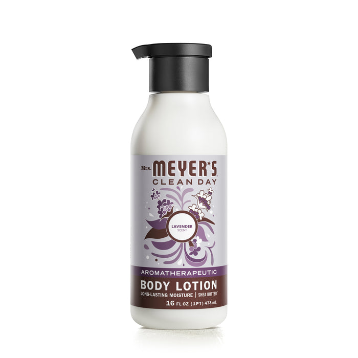 Mrs. Meyers Body Lotion, offering long-lasting moisture with shea butter, features a soothing lavender scent and is phthalate-free. The 16 fl oz bottle has a label illustrated with purple lavender and highlights its naturally derived ingredients.