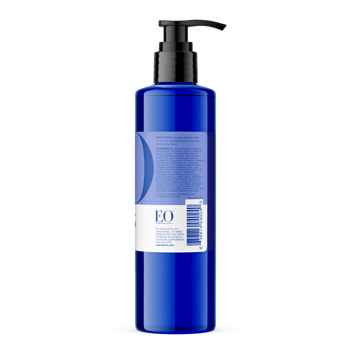 EO Products Body Lotion comes in a blue bottle with a black pump dispenser and a white label. It includes nourishing jojoba oil, text, and a barcode on the back for both style and function.