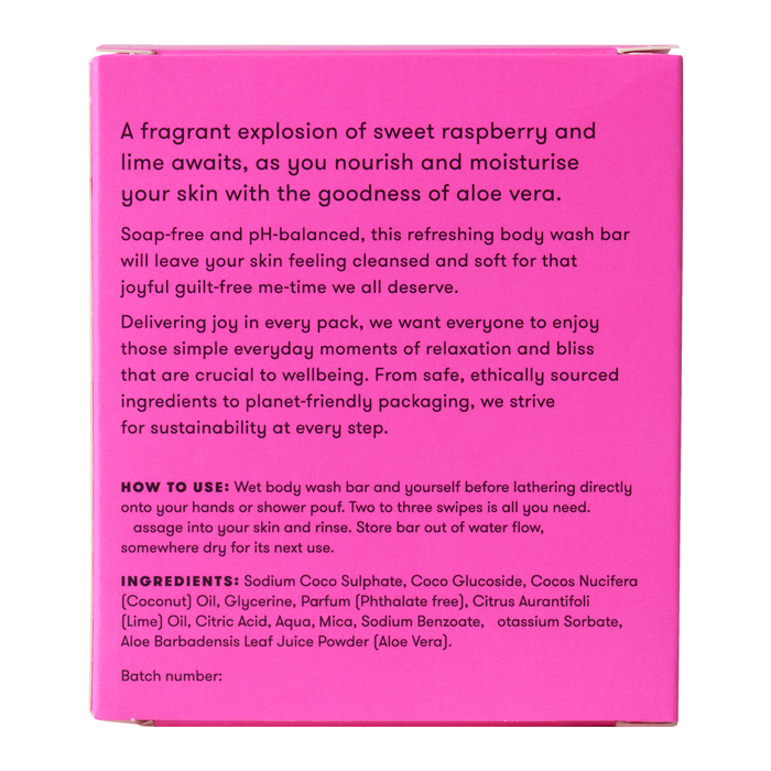 The image shows the back of an Anihana Body Wash Bar package with a pink background, detailing product benefits, usage instructions, and ingredients like aloe vera, joy, raspberry & lime in white text.