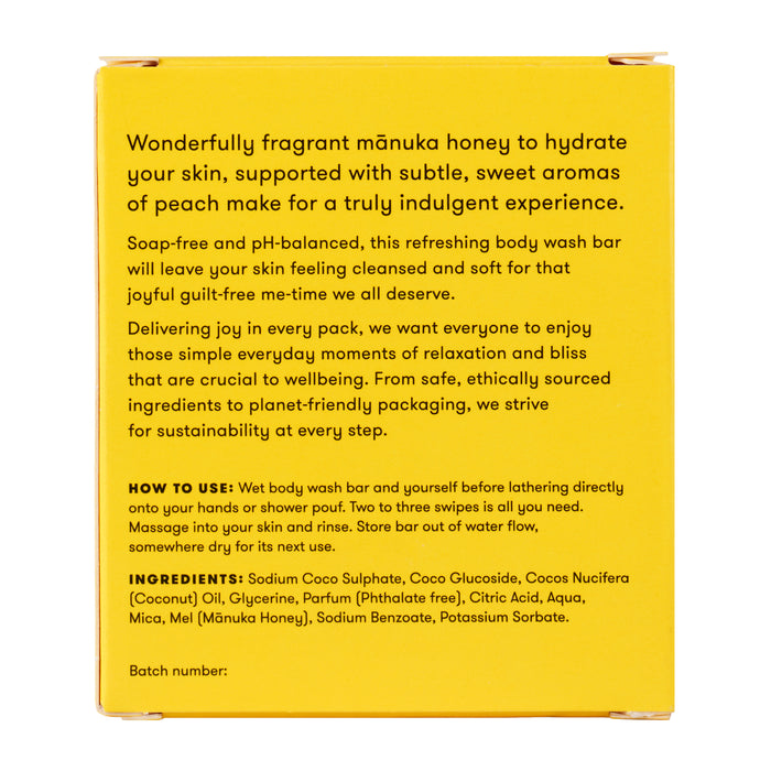 On its yellow box, Anihana’s Body Wash Bar highlights its pH-balanced, soap-free formula, relaxing benefits, usage tips, ingredient list, and commitment to sustainability.