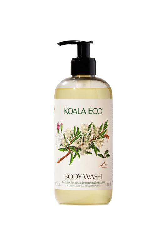 A Koala Eco Body Wash bottle with a black pump and a label featuring Australian botanical illustrations and text highlighting natural Rosalina ingredients.